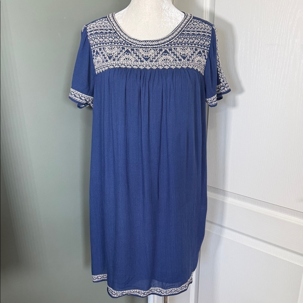 Lucky Brand Blue Embroidered Boho Shift Dress Short Sleeve Size M